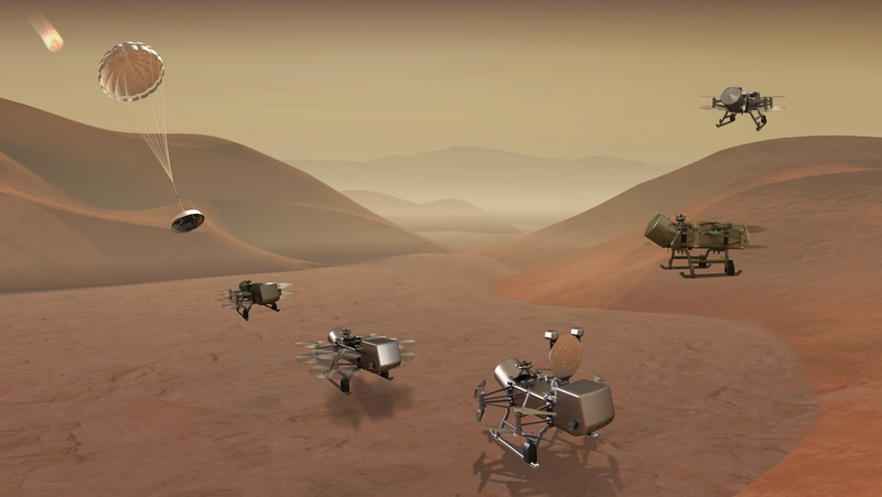 Dragonfly Mission overview, showing conceptions of entry, descent, landing, surface operations, and flight at Titan.